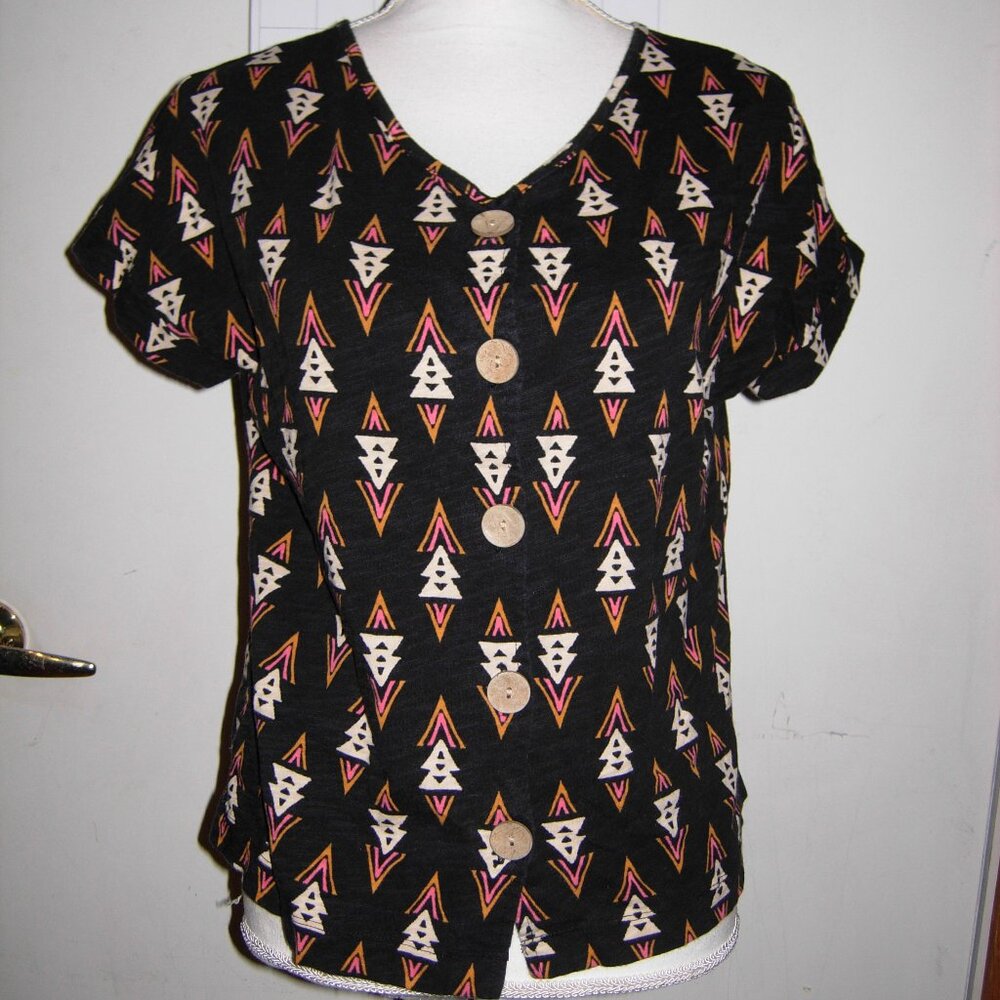 Rachel Zoe Aztec Inspired Cap Sleeve V-Neck Button Front Tie Bottom Top